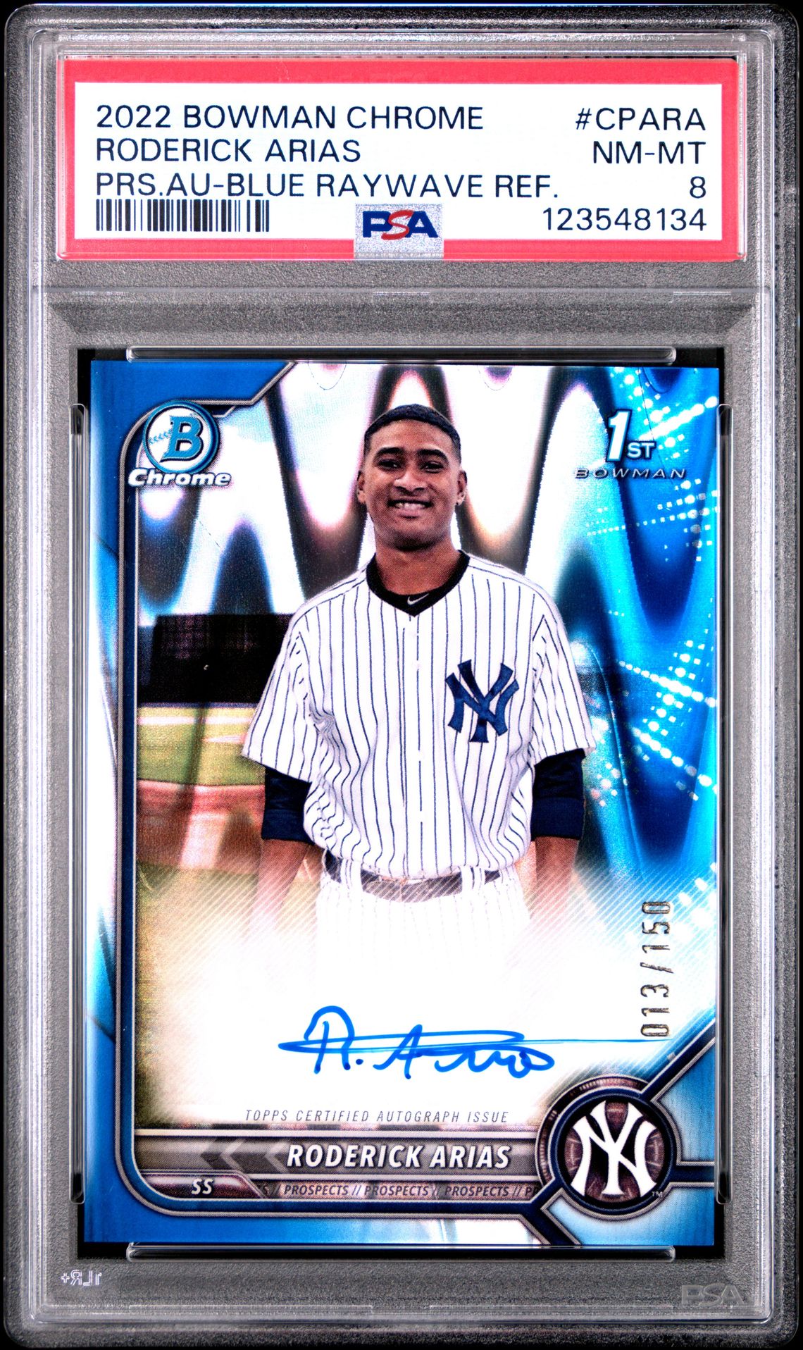 2022 Bowman Chrome Prospect Autographs Roderick Arias #Cpara (Prs.au-Blue Raywave Ref.) Nm-Mt 8 front
