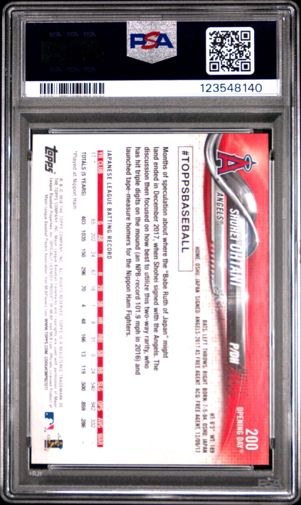 2018 Topps Opening Day Shohei Ohtani #200 Mint 9 back