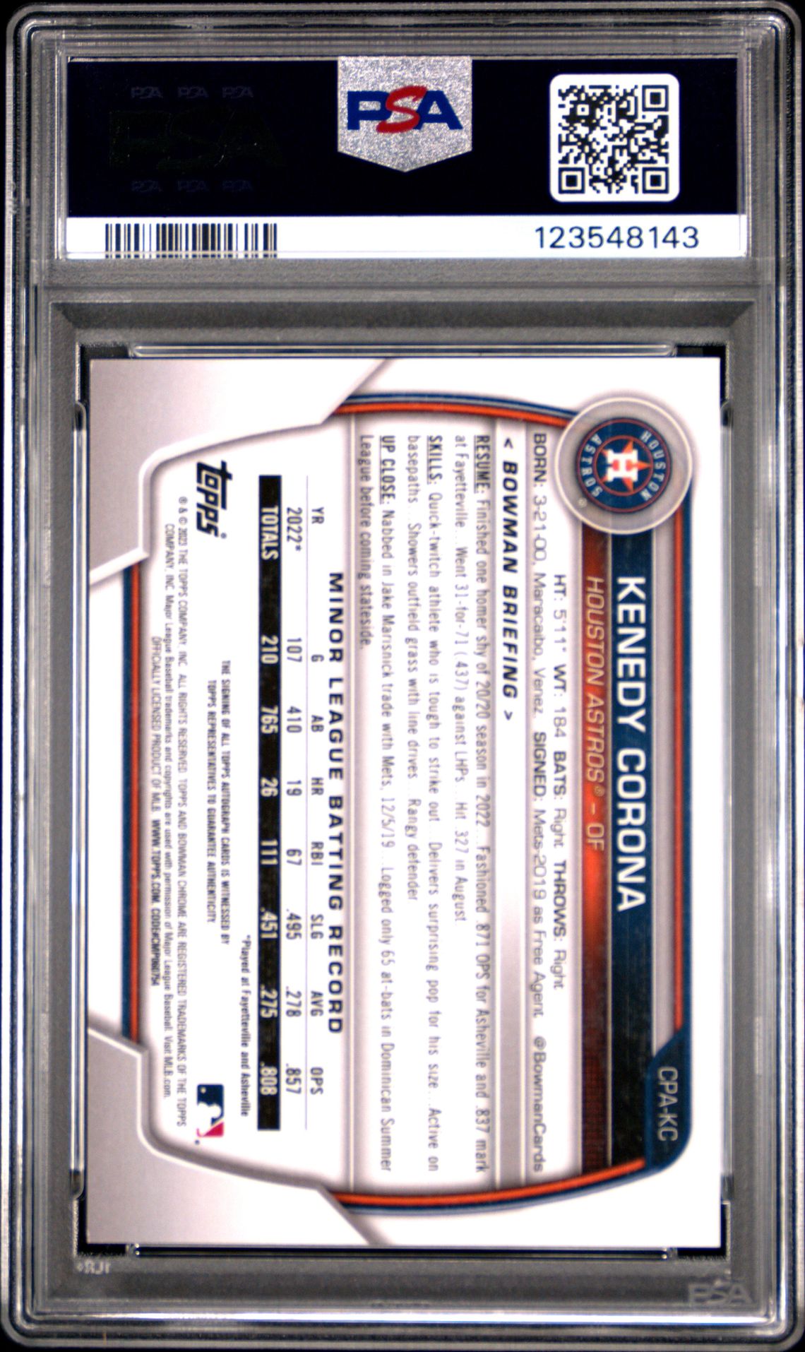 2023 Bowman Chrome Prospect Autographs Kenedy Corona #Cpakc (Prospect Au-Orange Ref) Nm-Mt 8 back