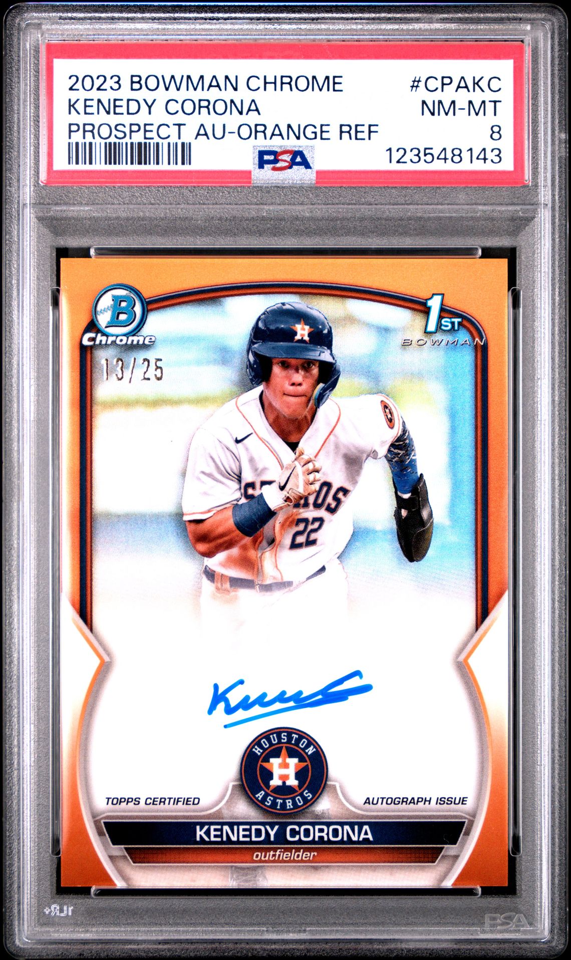 2023 Bowman Chrome Prospect Autographs Kenedy Corona #Cpakc (Prospect Au-Orange Ref) Nm-Mt 8 front