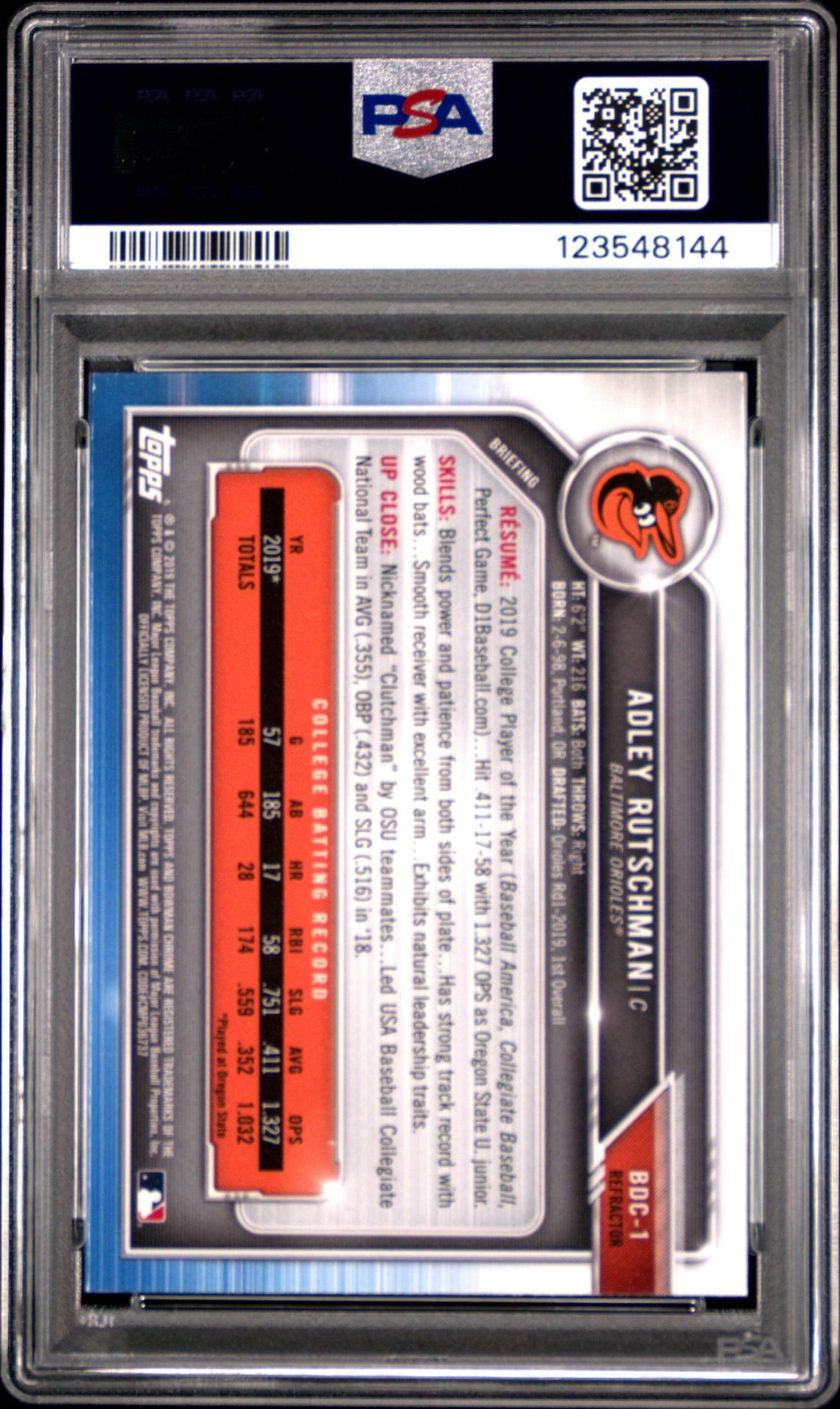 2019 Bowman Draft Adley Rutschman #Bdc1 (Chrome-Batting-Ref.) Gem Mt 10 back