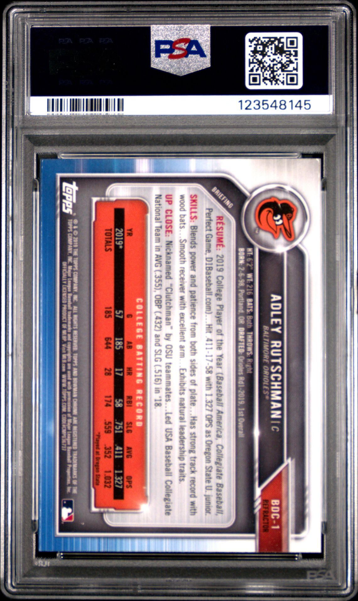 2019 Bowman Draft Adley Rutschman #Bdc1 (Chrome-Batting-Ref.) Gem Mt 10 back