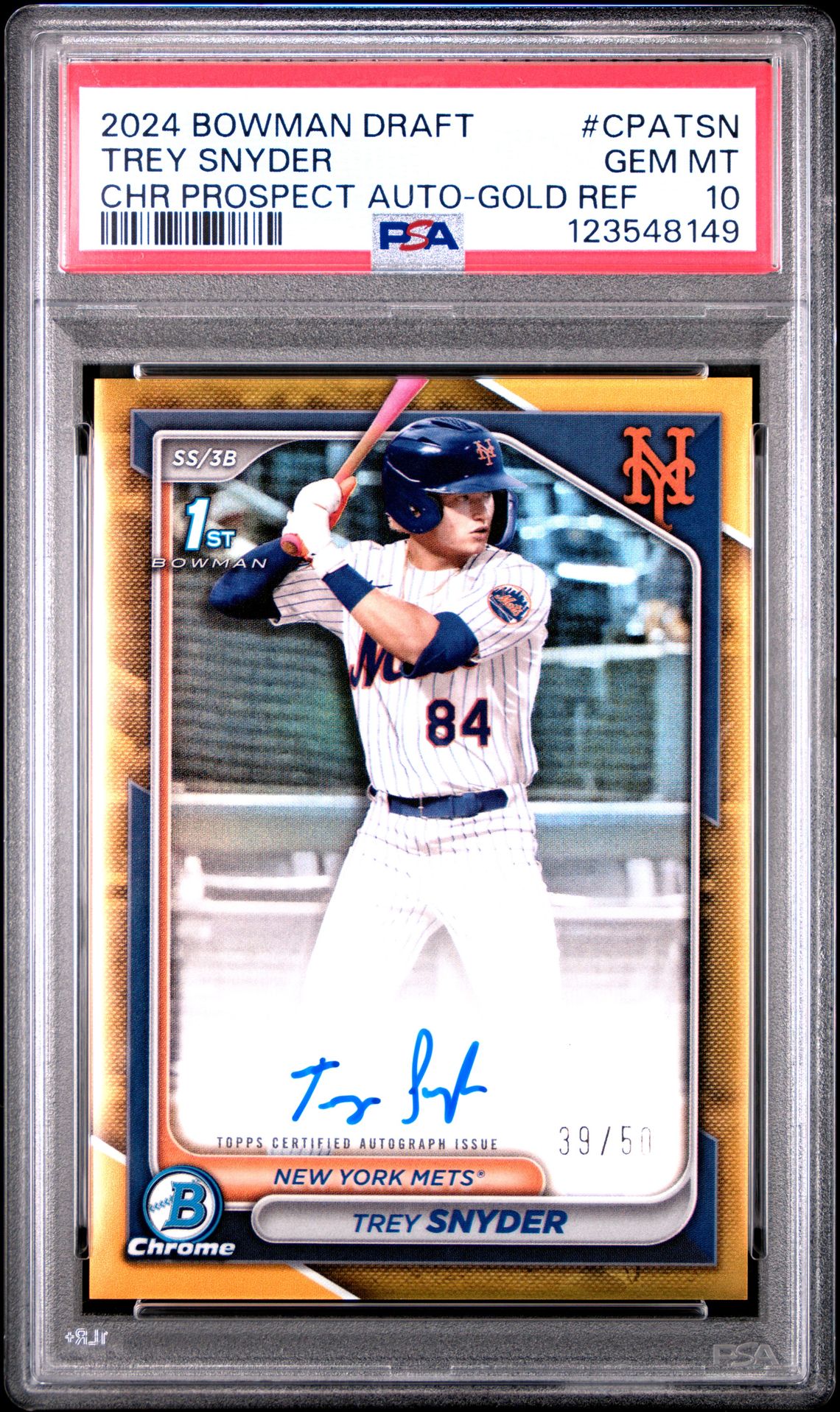 2024 Bowman Draft Chrome Prospect Autographs Trey Snyder #Cpatsn (Chr Prospect Auto-Gold Ref) Gem Mt 10 front
