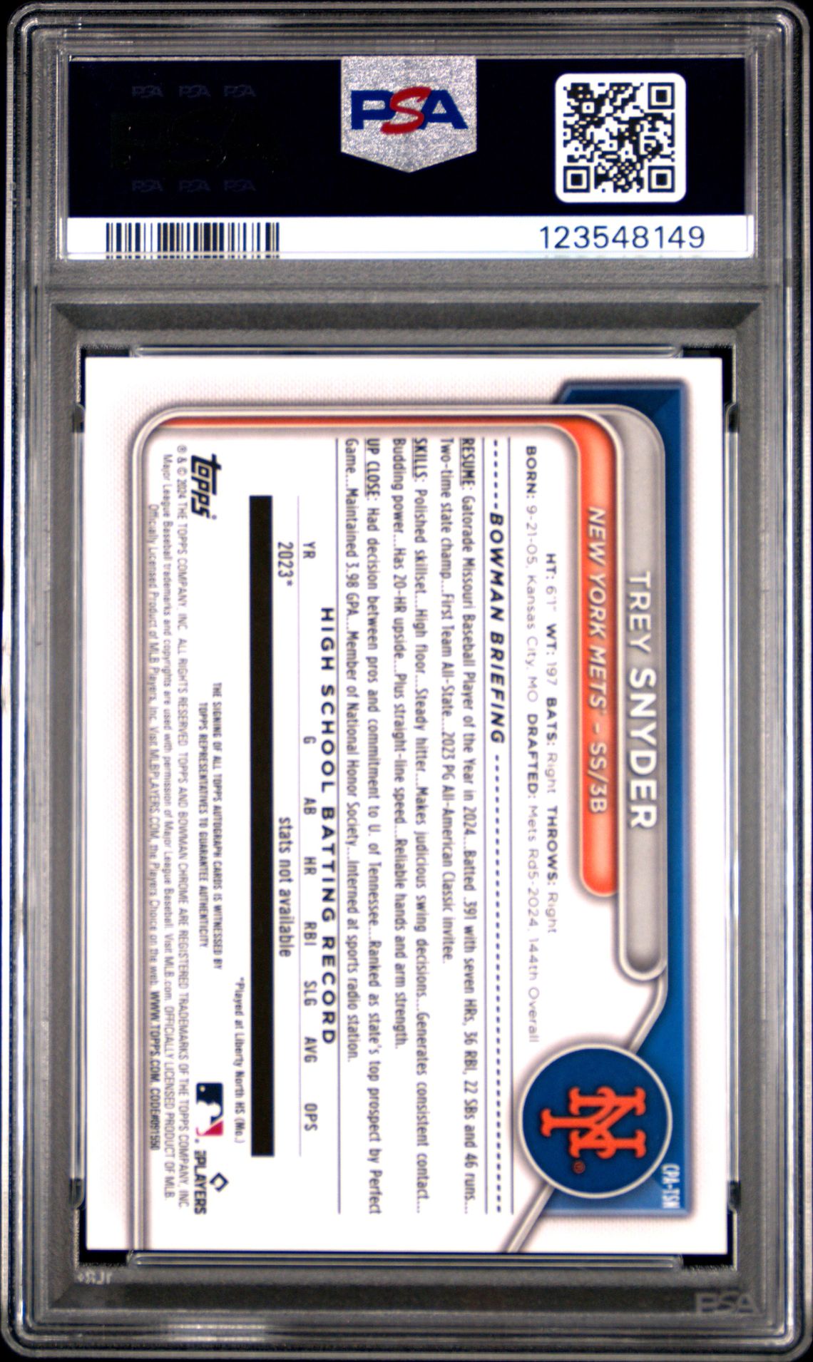 2024 Bowman Draft Chrome Prospect Autographs Trey Snyder #Cpatsn (Chr Prospect Auto-Gold Ref) Gem Mt 10 back