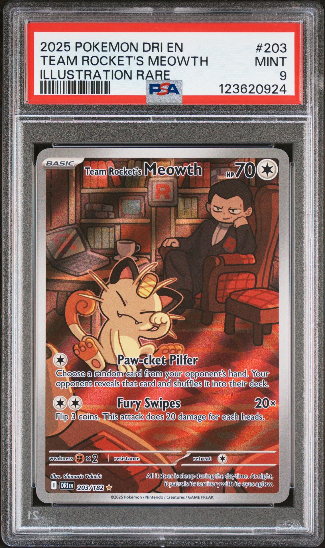 2025 Pokemon Dri En-Destined Rivals Team Rocket's Meowth #203 (Illustration Rare) Mint 9 front