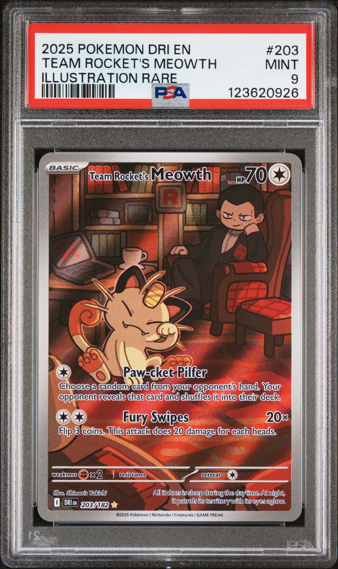 2025 Pokemon Dri En-Destined Rivals Team Rocket's Meowth #203 (Illustration Rare) Mint 9 front