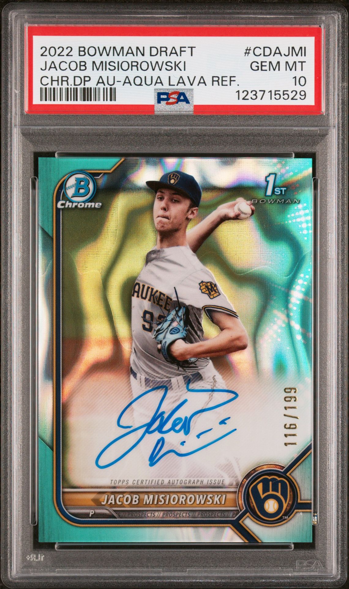 2022 Bowman Draft Chrome Draft Pick Autographs Jacob Misiorowski #Cdajmi (Chr.dp Au-Aqua Lava Ref.) Gem Mt 10 front