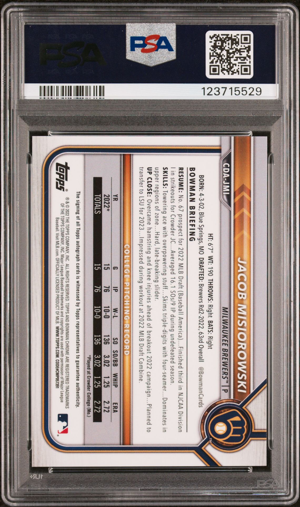 2022 Bowman Draft Chrome Draft Pick Autographs Jacob Misiorowski #Cdajmi (Chr.dp Au-Aqua Lava Ref.) Gem Mt 10 back