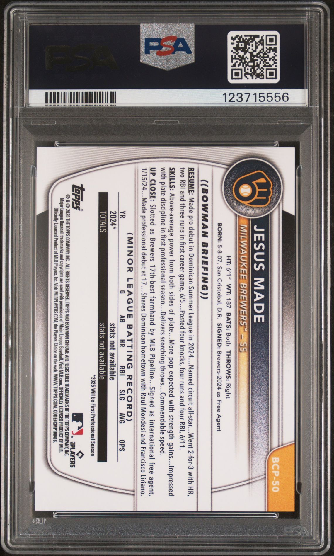 2025 Bowman Sapphire Edition Chrome Prospects Jesus Made #Bcp50 (Chrome Prospect-Orange) Gem Mt 10 back