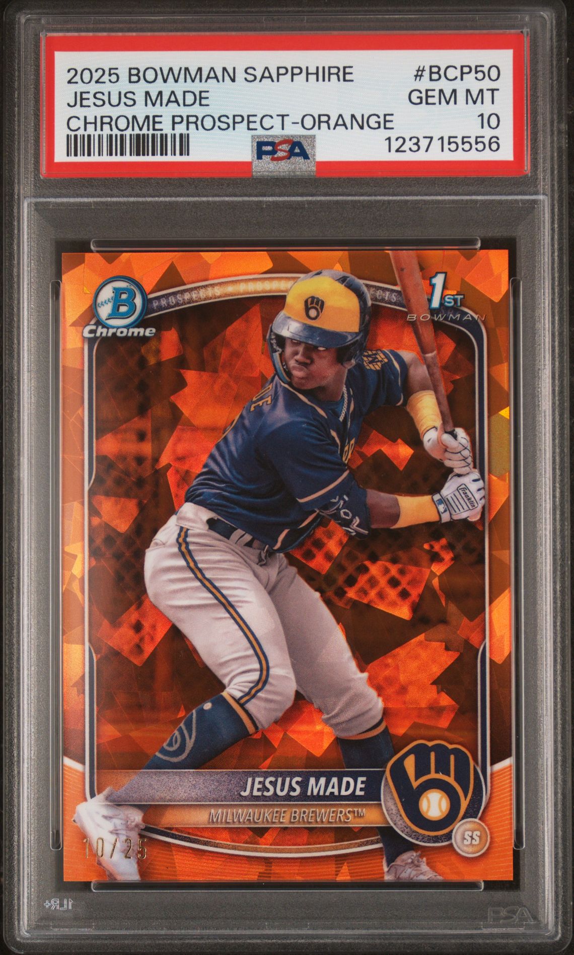 2025 Bowman Sapphire Edition Chrome Prospects Jesus Made #Bcp50 (Chrome Prospect-Orange) Gem Mt 10 front