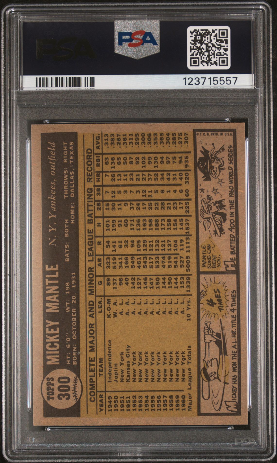 1961 Topps Mickey Mantle #300 Ex-Mt 6 back