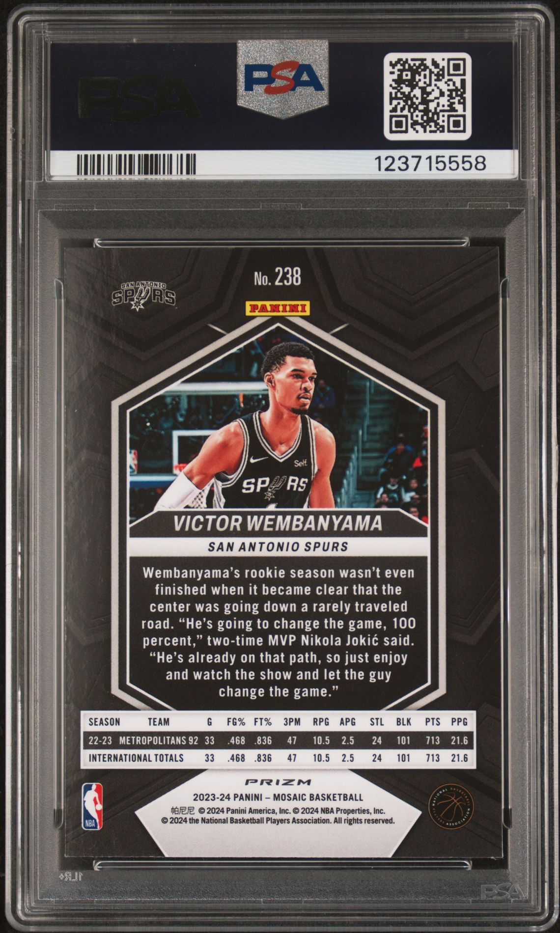 2023 Panini Mosaic Victor Wembanyama #238 (Genesis) Gem Mt 10 back