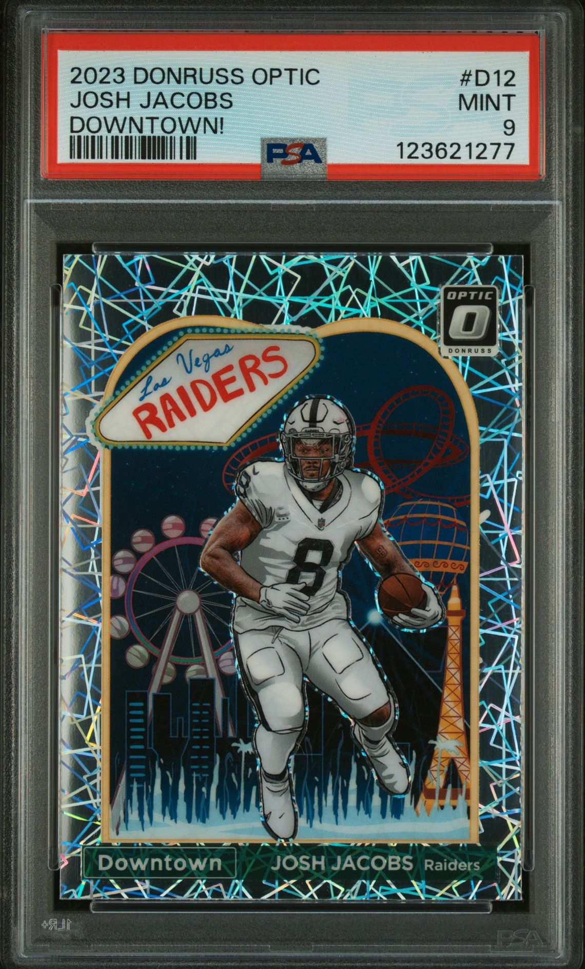 2023 Panini Donruss Optic Downtown! Josh Jacobs #D12 Mint 9 front