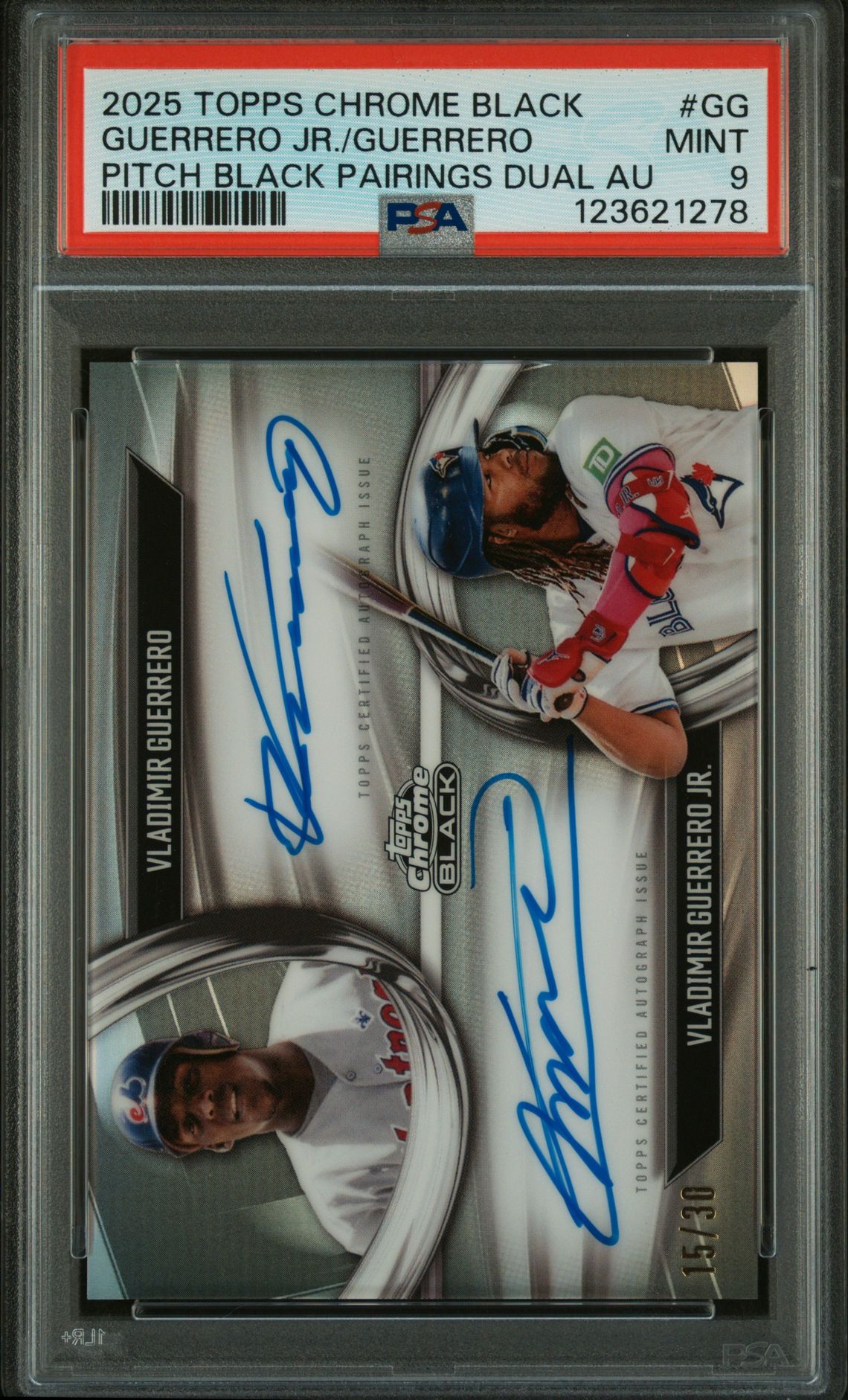 2025 Topps Chrome Black Pitch Black Pairings Dual Autographs Guerrero Jr./Guerrero #Gg Mint 9 front