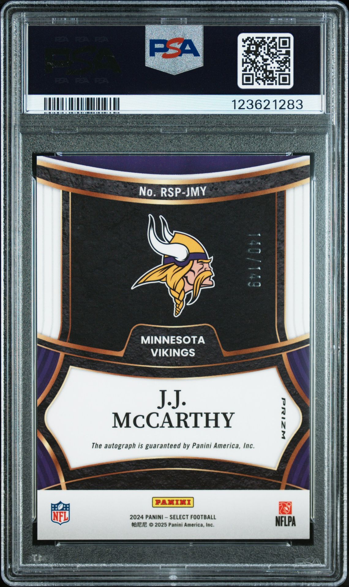 2024 Panini Select Rookie Signatures Jj Mccarthy #Rspjmy (Rookie Sig-Blue Prizm) Gem Mt 10 back