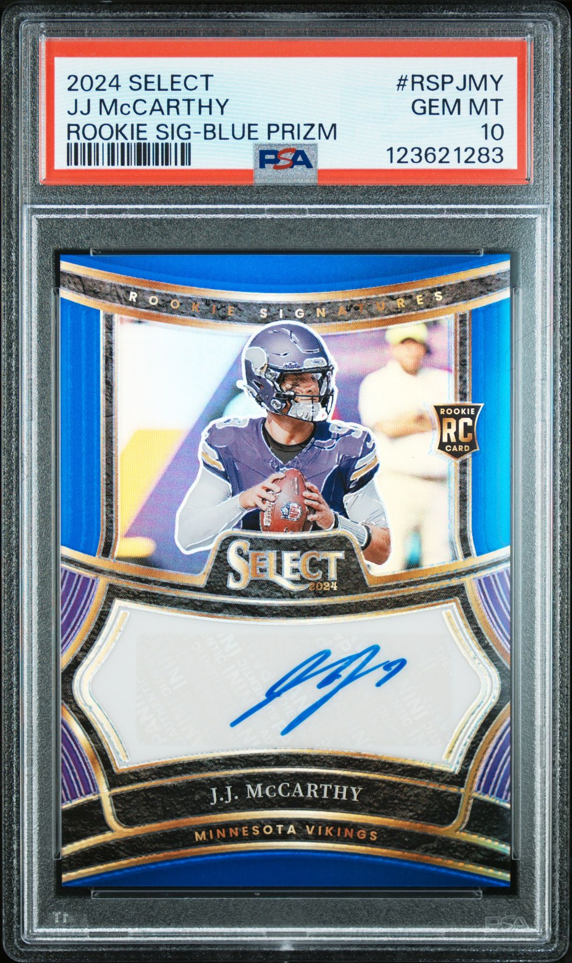 2024 Panini Select Rookie Signatures Jj Mccarthy #Rspjmy (Rookie Sig-Blue Prizm) Gem Mt 10 front