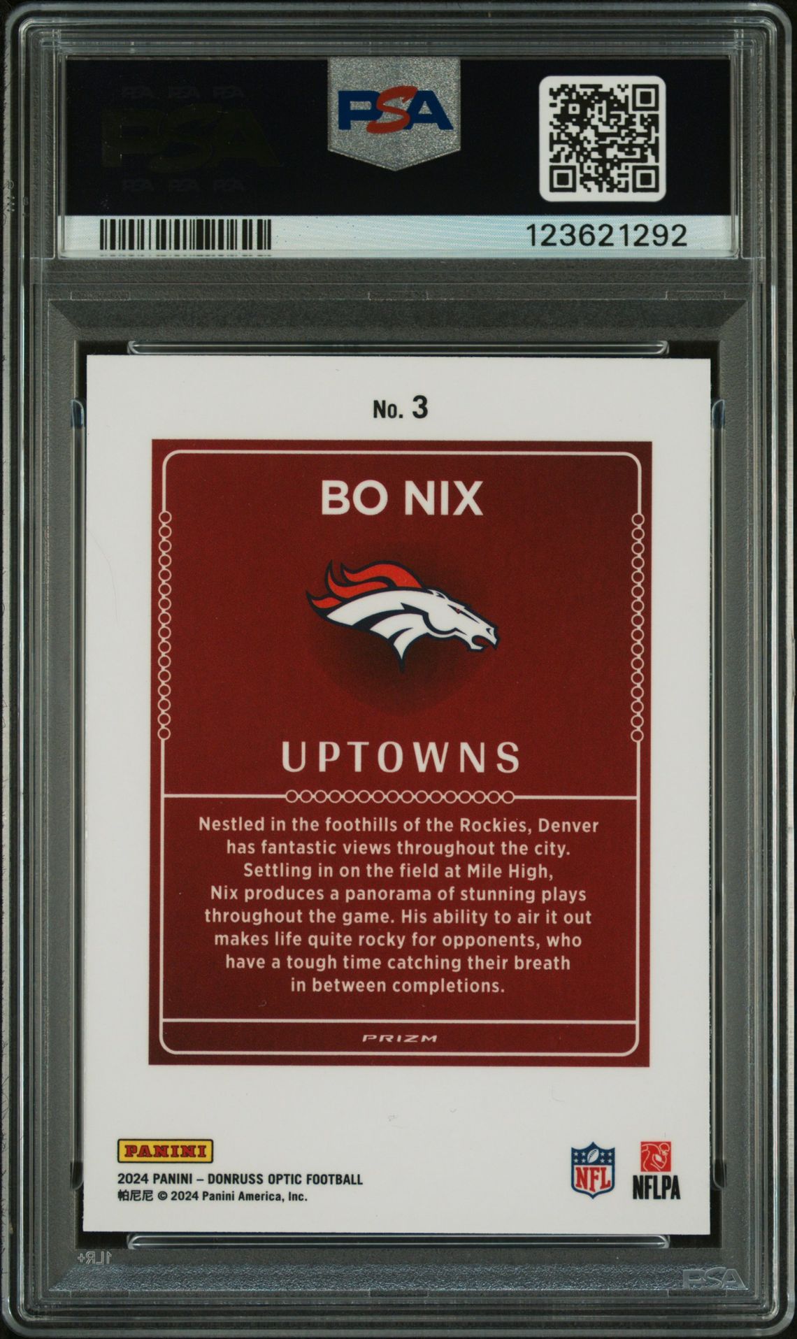 2024 Panini Donruss Optic Uptowns Bo Nix #3 Gem Mt 10 back