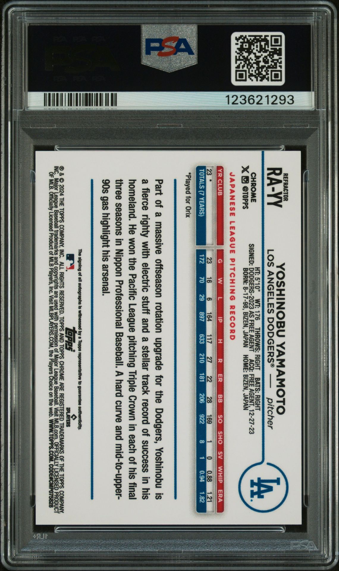 2024 Topps Chrome Rookie Autographs Yoshinobu Yamamoto #Rayy (Rookie Auto-Refractor) Mint 9 back