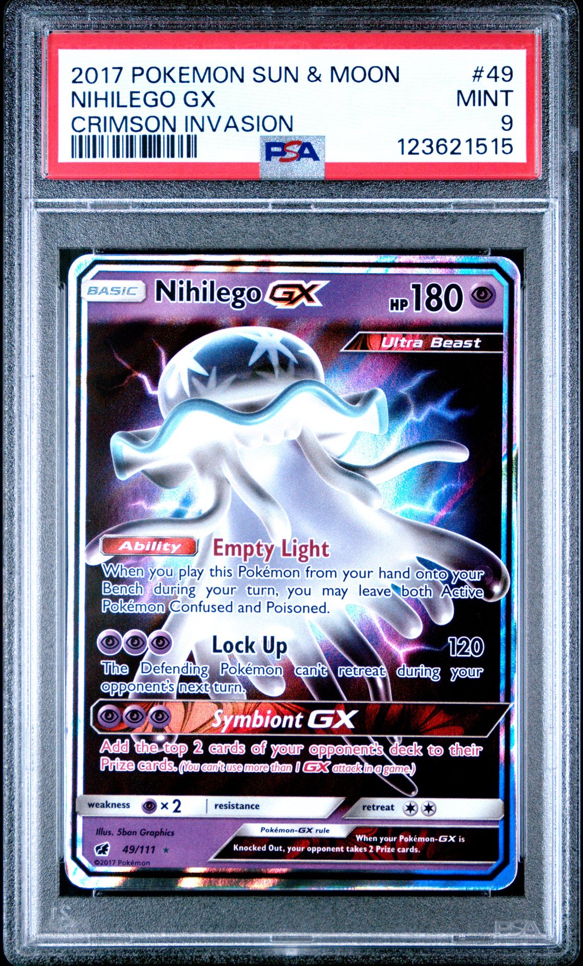 2017 Pokemon Sun & Moon Crimson Invasion Nihilego Gx #49 (Crimson Invasion) Mint 9 front