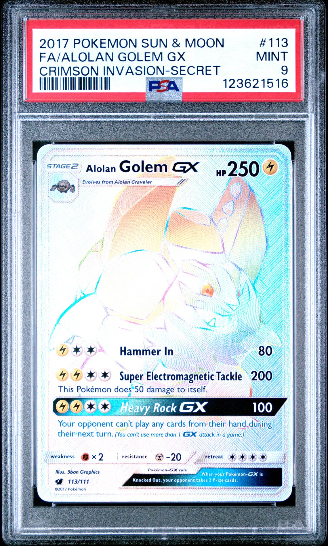 2017 Pokemon Sun & Moon Crimson Invasion Fa/Alolan Golem Gx #113 (Crimson Invasion-Secret) Mint 9 front