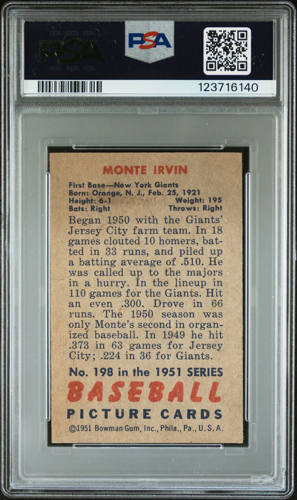 1951 Bowman Monte Irvin #198 Fr 1.5 back