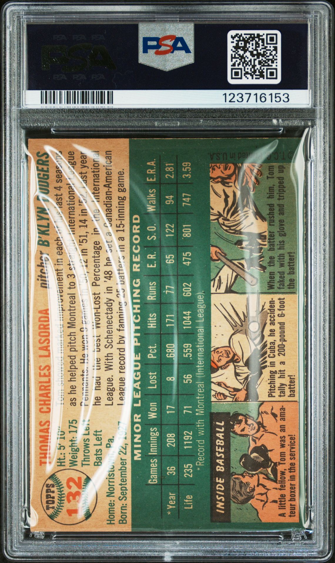 1954 Topps Tom Lasorda #132 Ex 5 back