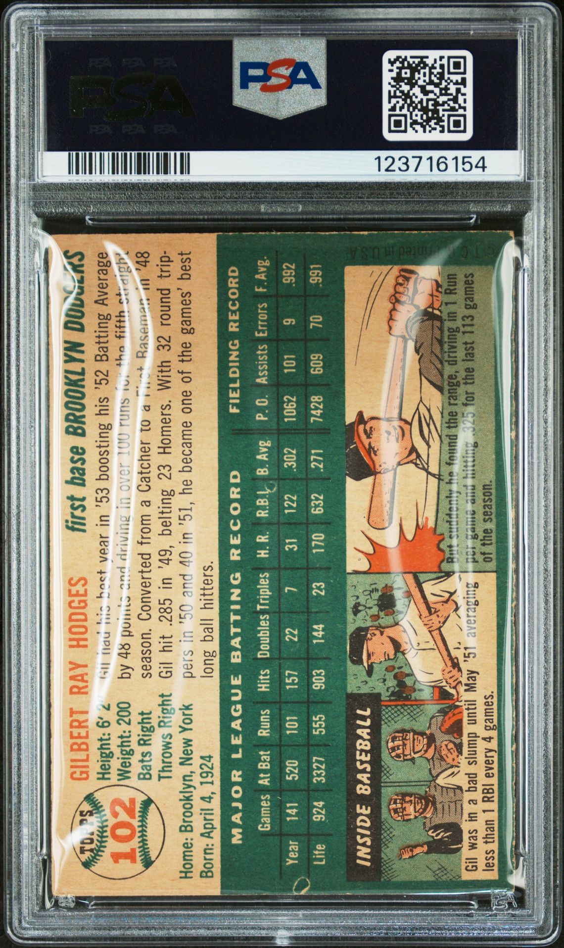 1954 Topps Gil Hodges #102 Ex 5 back