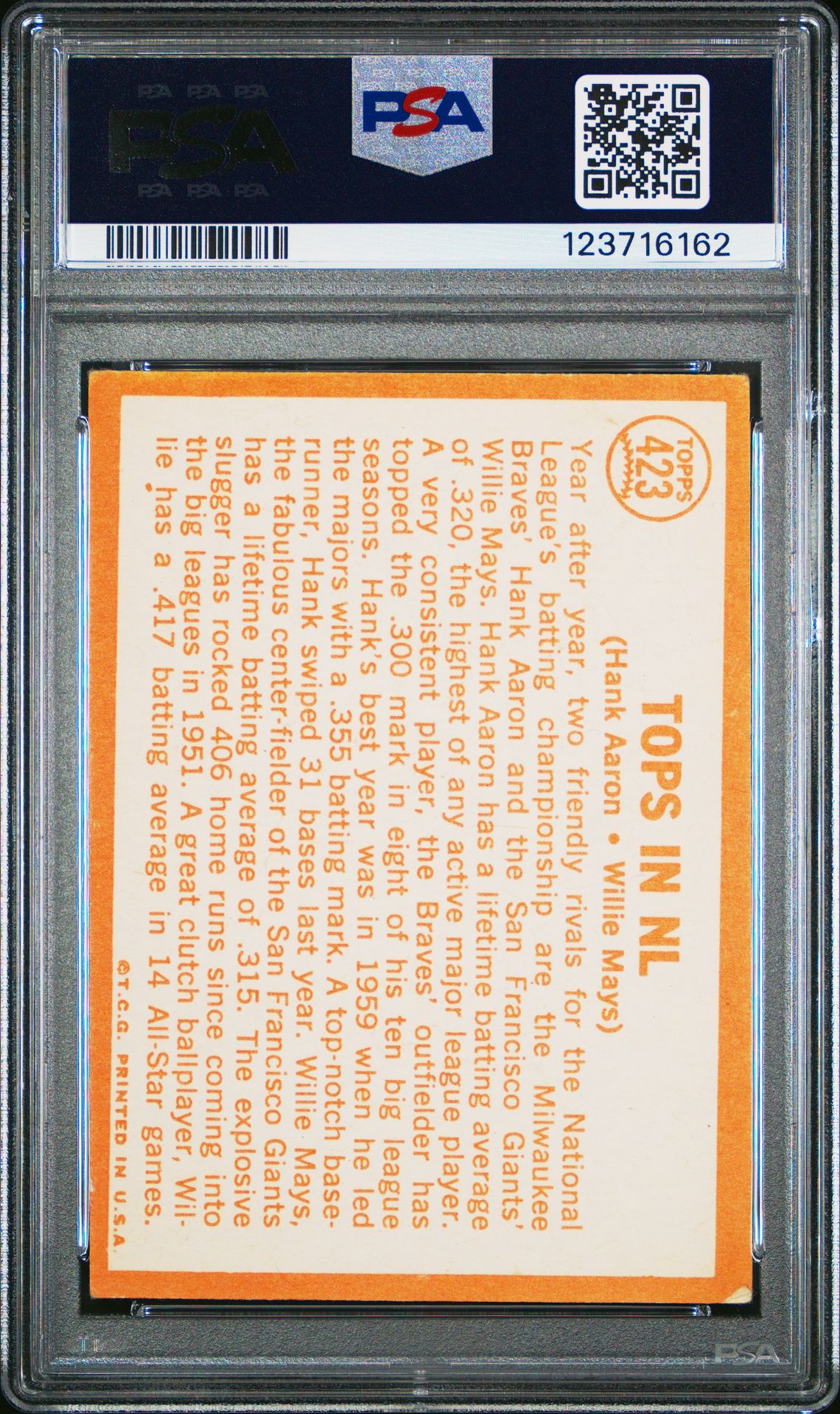 1964 Topps Tops In N.l. #423 (H.aaron/W.mays) Vg 3 back