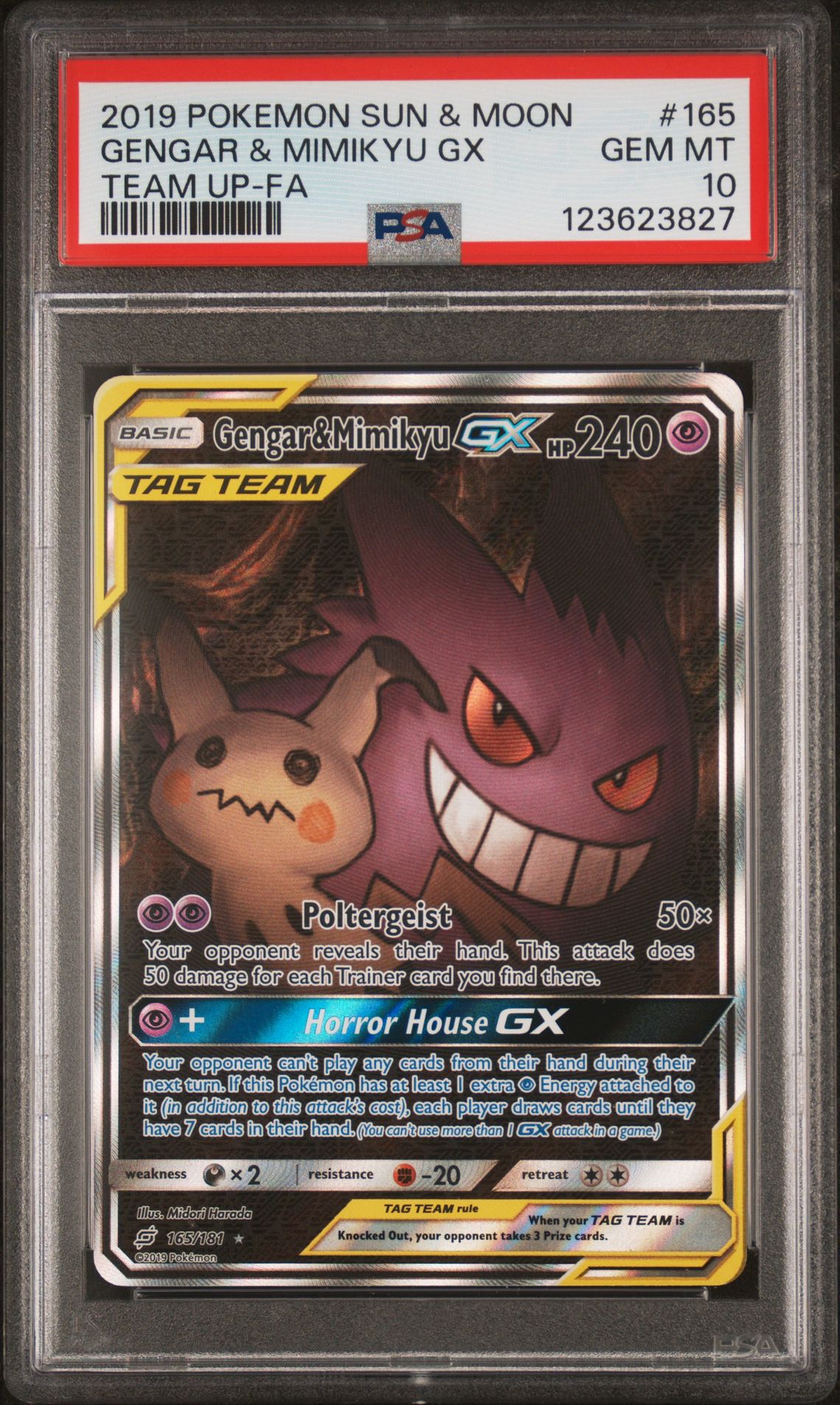 2019 Pokemon Sun & Moon Team Up #165 Full Art/Gengar & Mimikyu Gx (PSA 10)