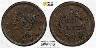 1843 1C Petite Head, Lg Letters AU58BN