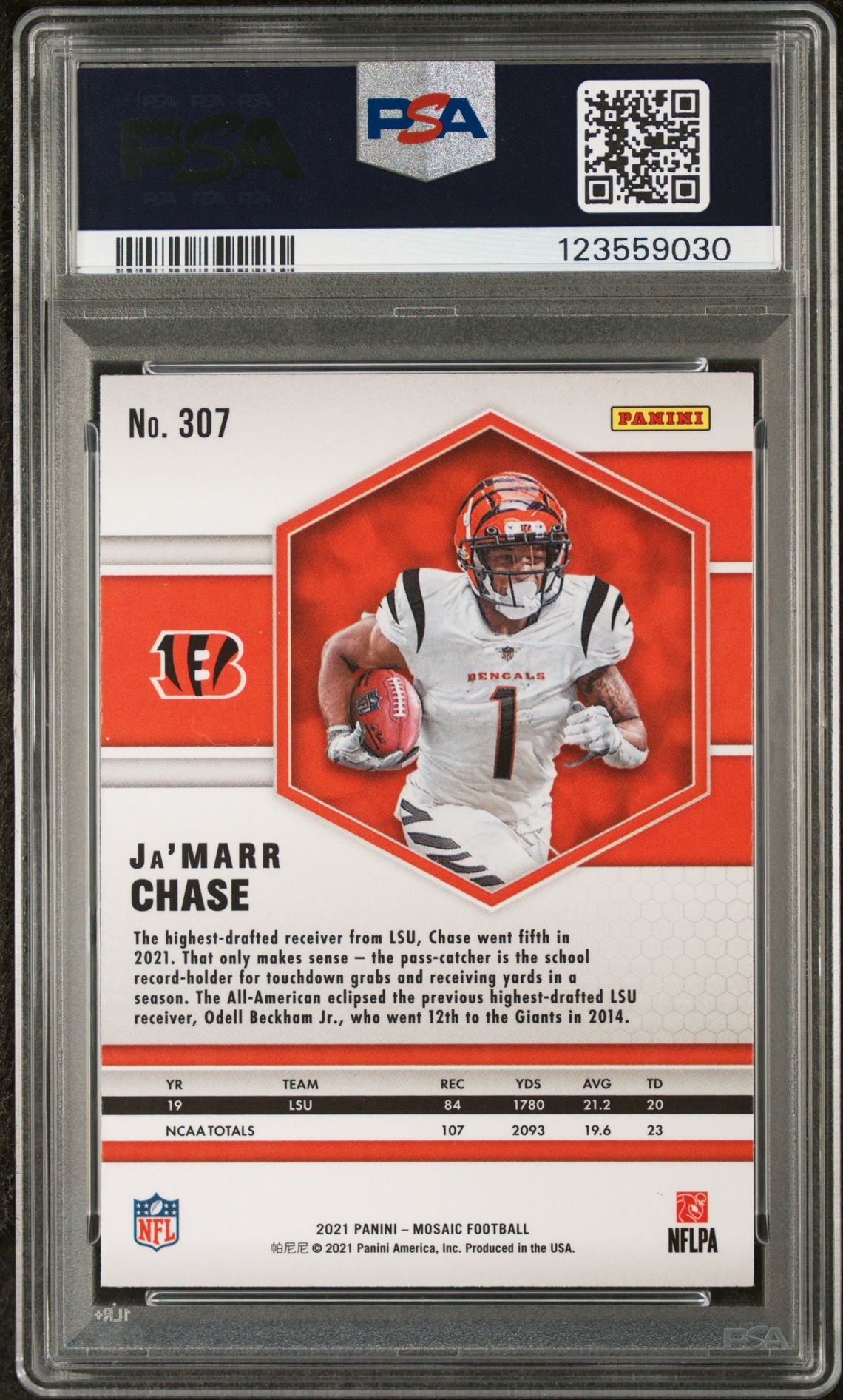 2021 Panini Mosaic Ja’marr Chase #307 Gem Mt 10 back