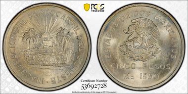 1950-Mo 5 Peso Southeastern Railroad KM-466  Ag MS65