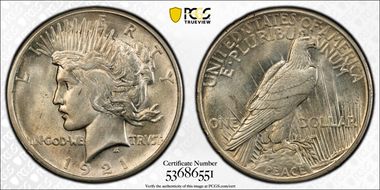 1921 $1 High Relief, Peace N1