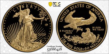 2020-W $50 Gold Eagle - v75 Privy 1 of 1945 Struck PR69DCAM