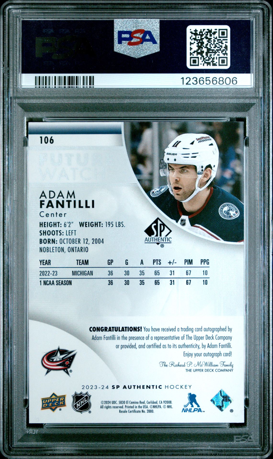 2023 Sp Authentic Adam Fantilli #106 (Autograph) Mint 9 back
