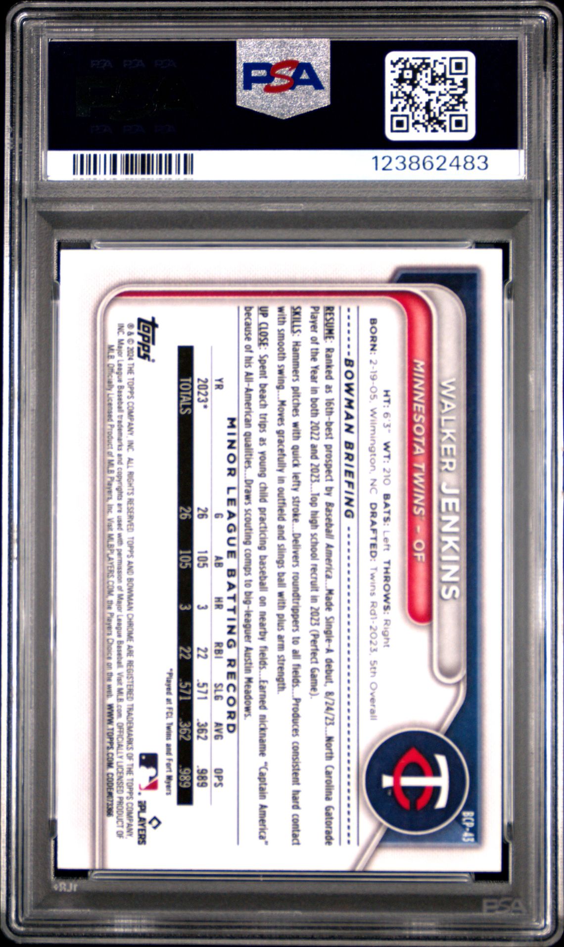 2024 Bowman Mega Box Chrome Prospects Walker Jenkins #43 Gem Mt 10 back