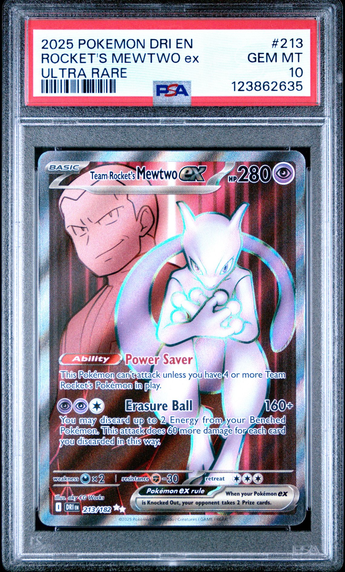 2025 Pokemon Dri En-Destined Rivals Rocket's Mewtwo Ex #213 (Ultra Rare) Gem Mt 10 front