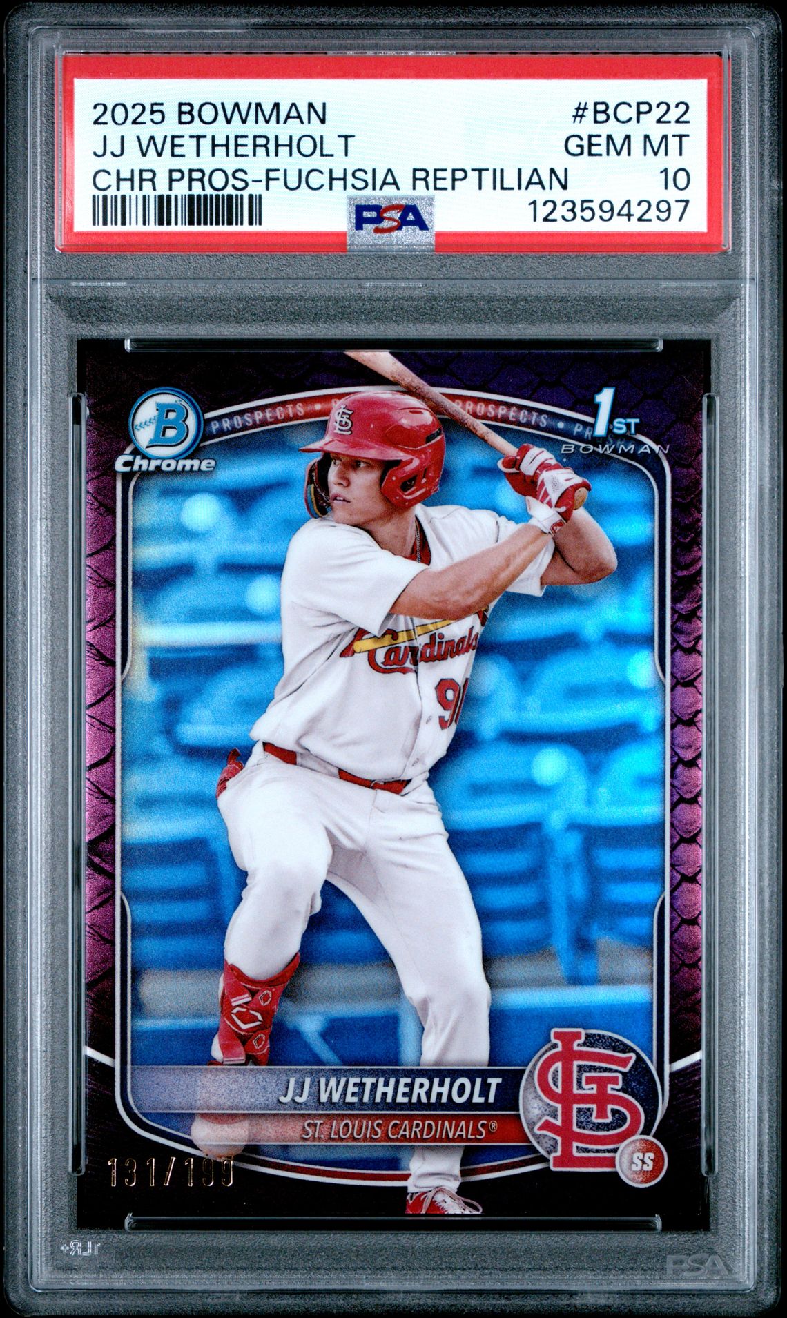 2025 Bowman Chrome Prospects Jj Wetherholt #Bcp22 (Chr Pros-Fuchsia Reptilian) Gem Mt 10 front