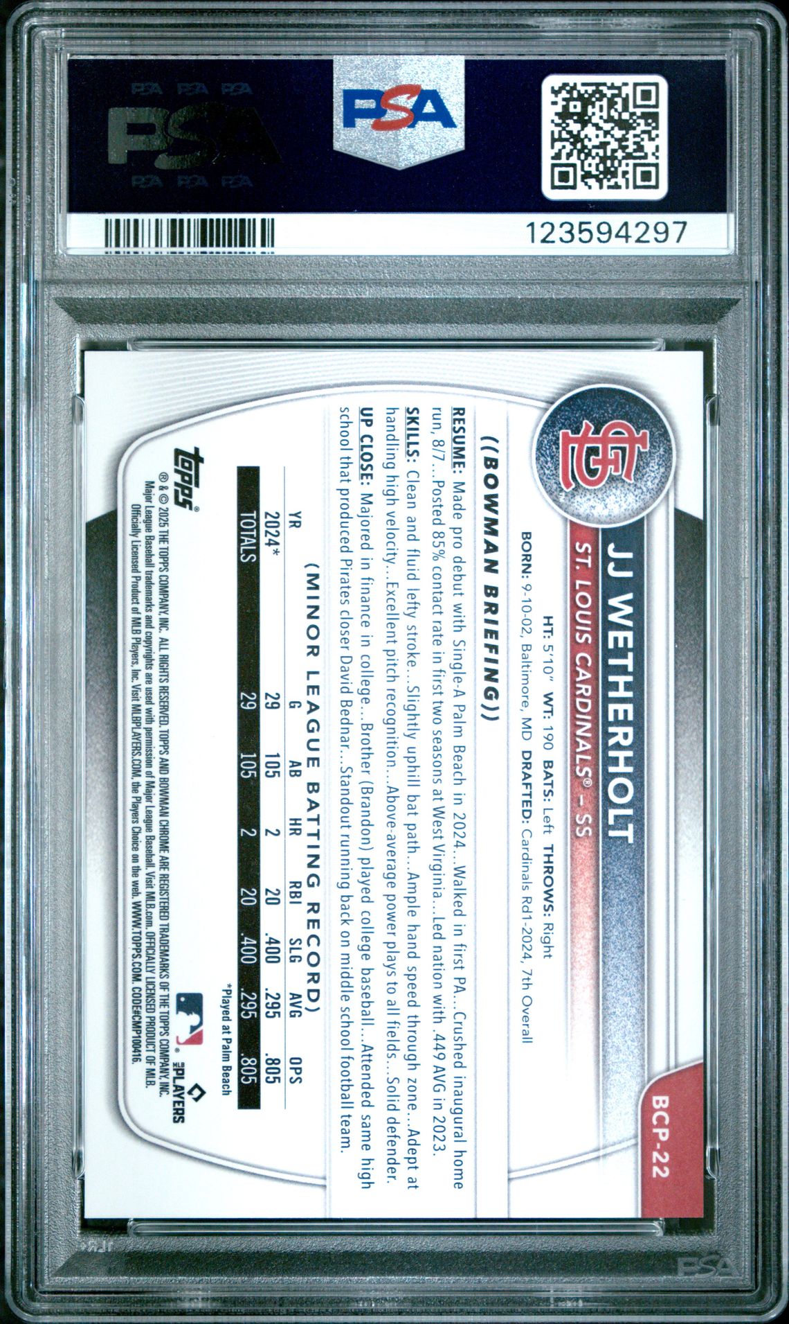 2025 Bowman Chrome Prospects Jj Wetherholt #Bcp22 (Chr Pros-Fuchsia Reptilian) Gem Mt 10 back
