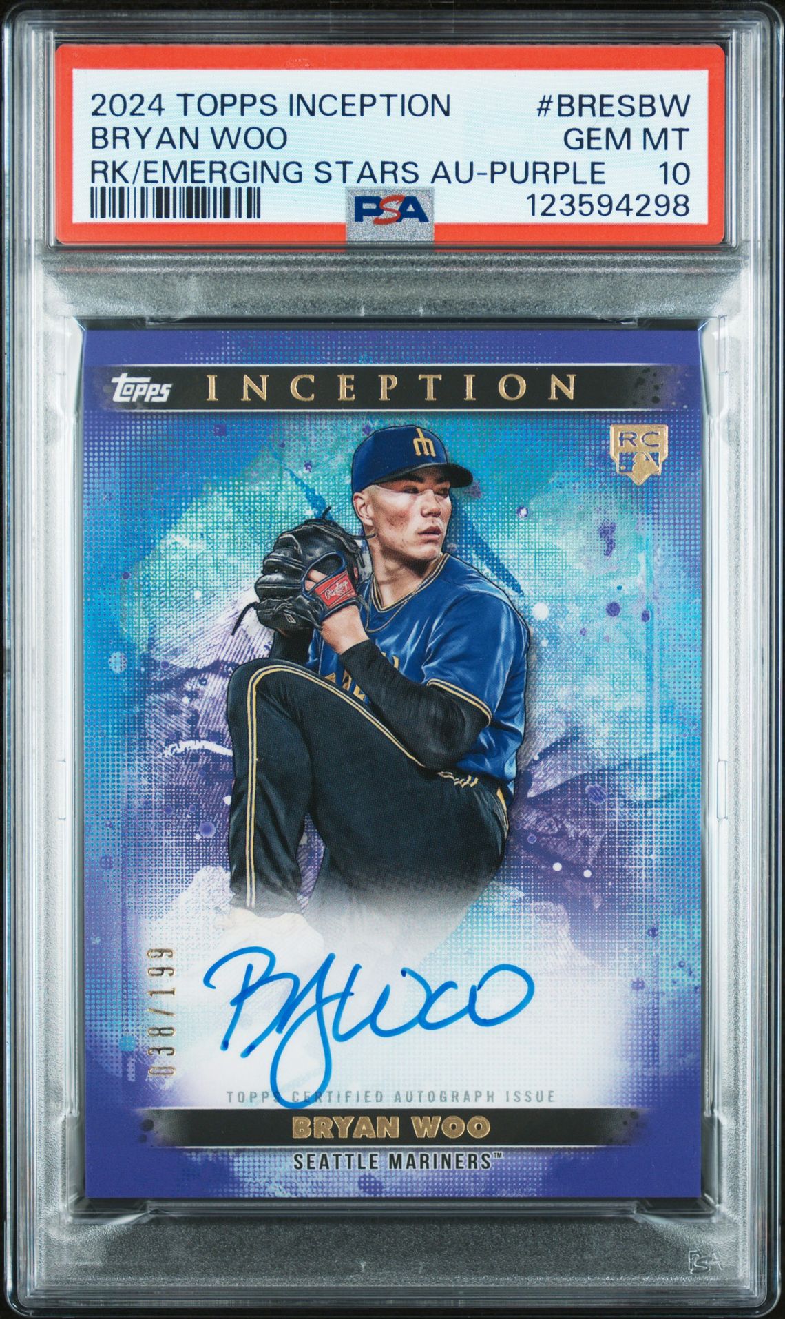 2024 Topps Inception Base Rookie And Emerging Star Autographs Bryan Woo #Bresbw (Rk/Emerging Stars Au-Purple) Gem Mt 10 front