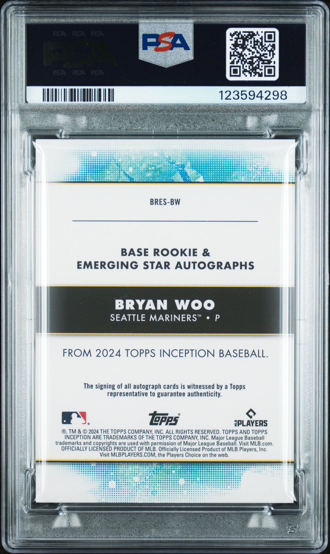 2024 Topps Inception Base Rookie And Emerging Star Autographs Bryan Woo #Bresbw (Rk/Emerging Stars Au-Purple) Gem Mt 10 back