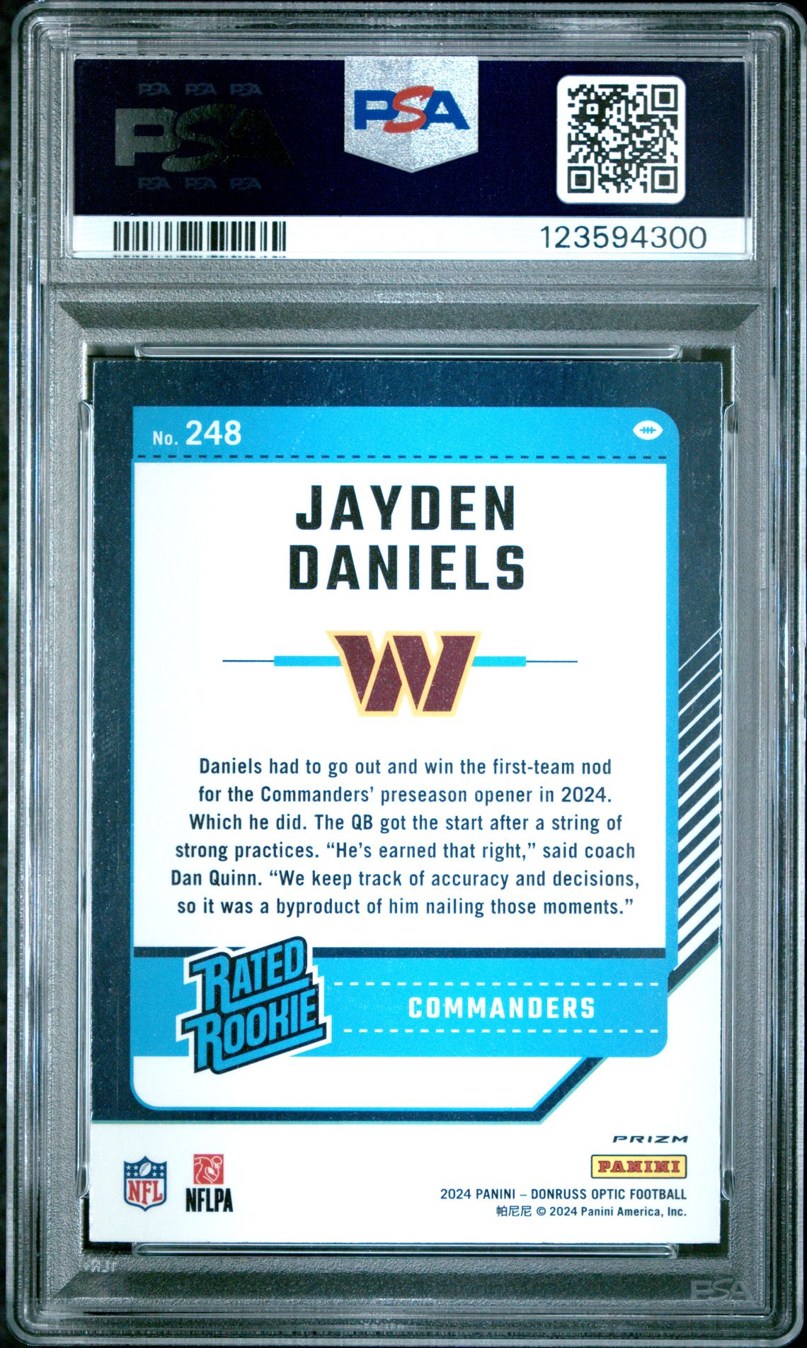 2024 Panini Donruss Optic Jayden Daniels #248 (Blue Hyper) Gem Mt 10 back