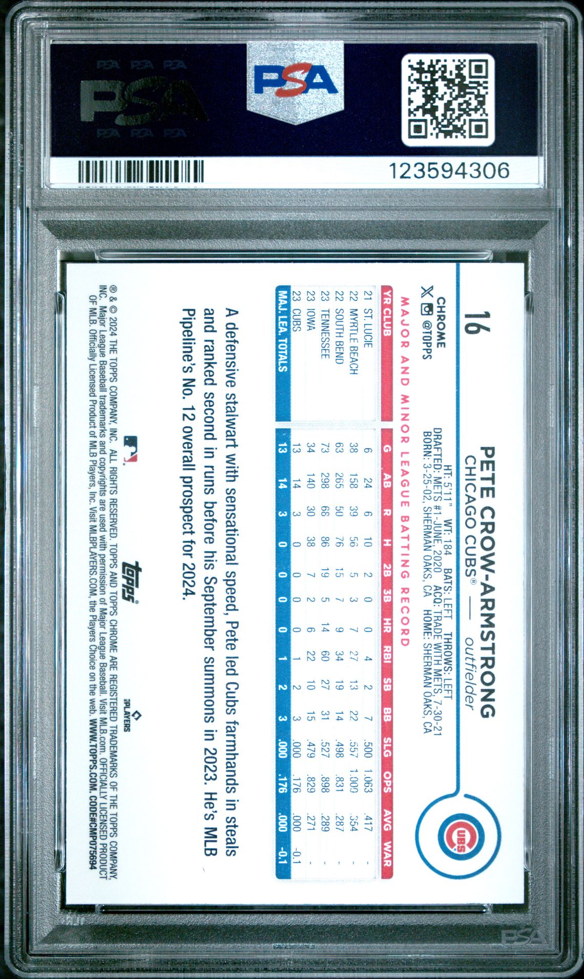 2024 Topps Chrome Pete Crow-Armstrong #16 (X-Fractor) Mint 9 back