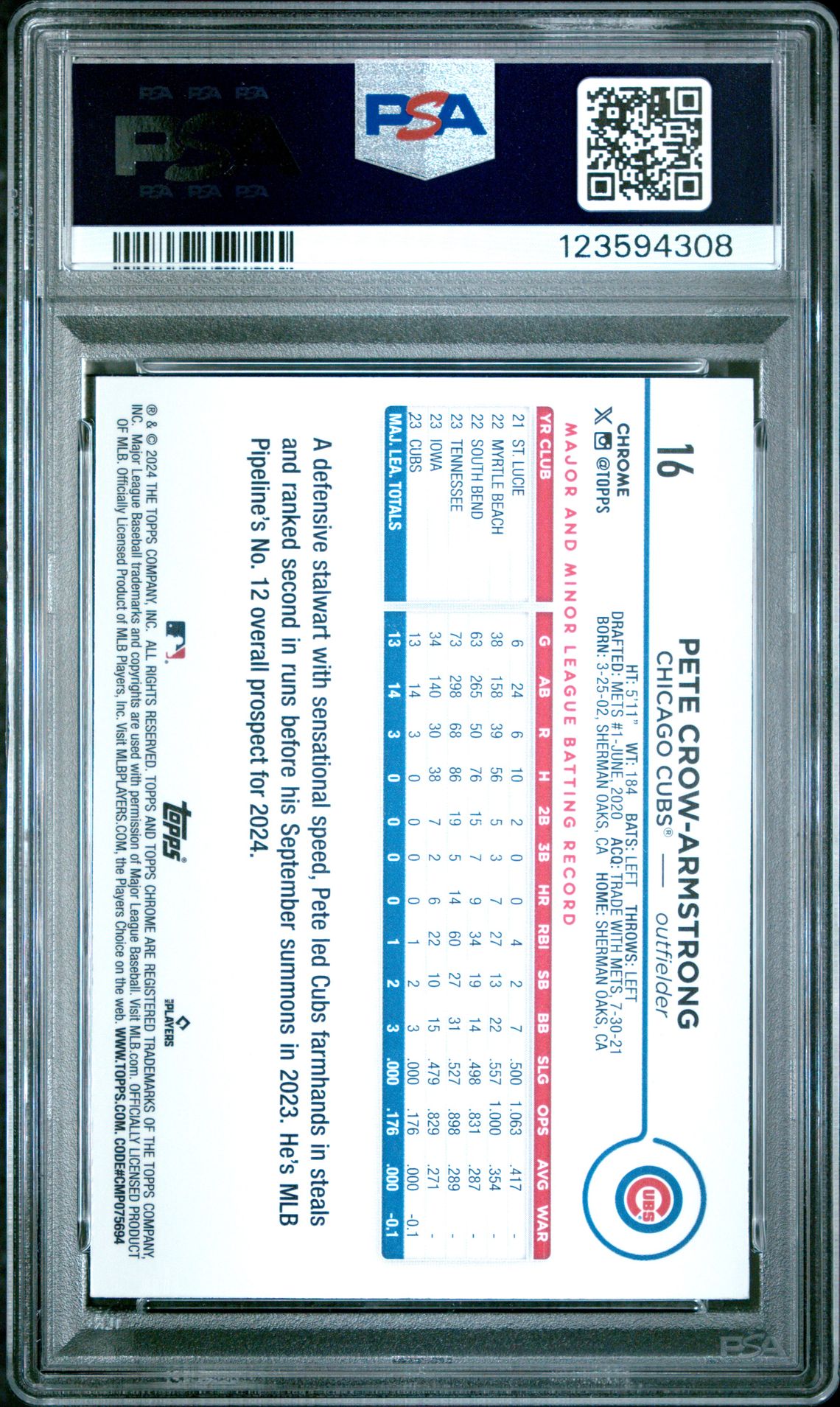 2024 Topps Chrome Pete Crow-Armstrong #16 (X-Fractor) Gem Mt 10 back