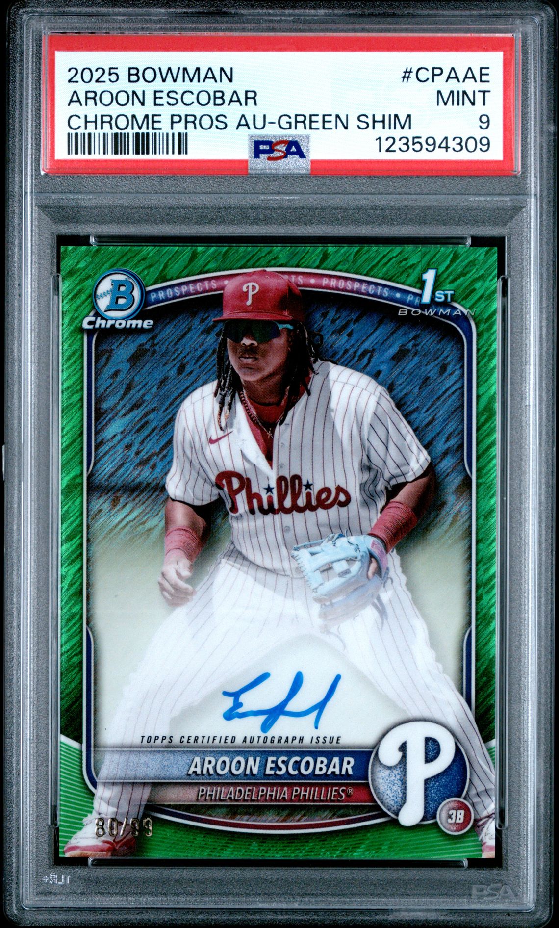 2025 Bowman Chrome Prospect Autographs Aroon Escobar #Cpaae (Chrome Pros Au-Green Shim) Mint 9 front