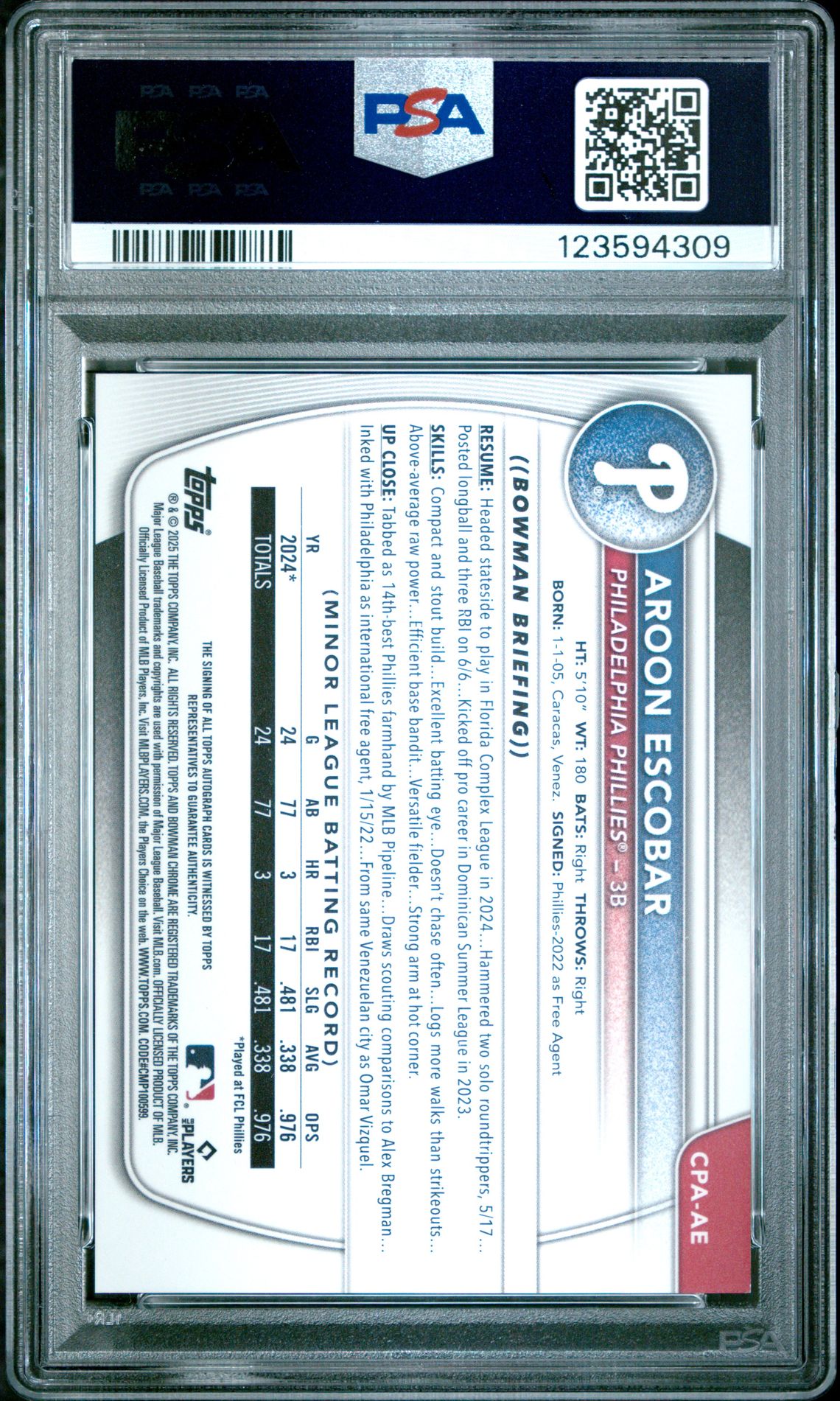 2025 Bowman Chrome Prospect Autographs Aroon Escobar #Cpaae (Chrome Pros Au-Green Shim) Mint 9 back