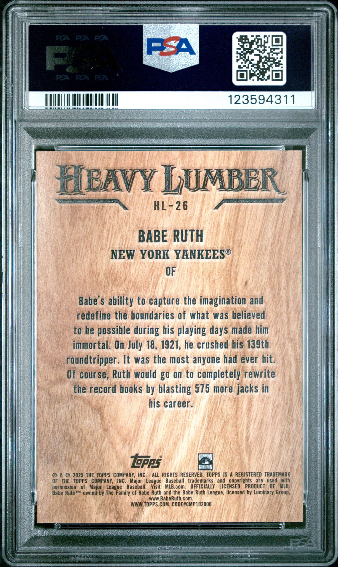 2025 Topps Heavy Lumber Babe Ruth #Hl26 Mint 9 back