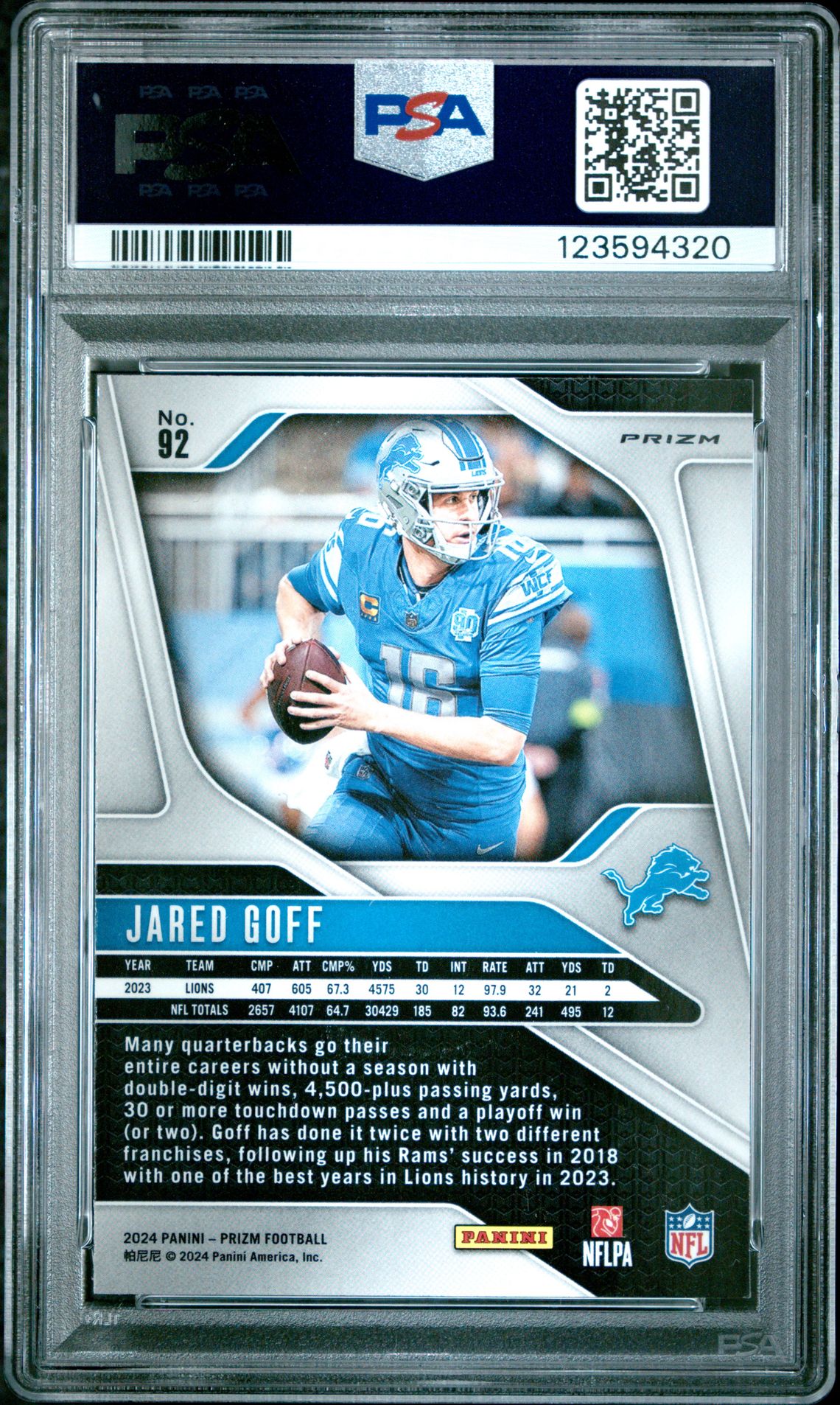 2024 Panini Prizm Jared Goff #92 (Snakeskin Prizm) Mint 9 back