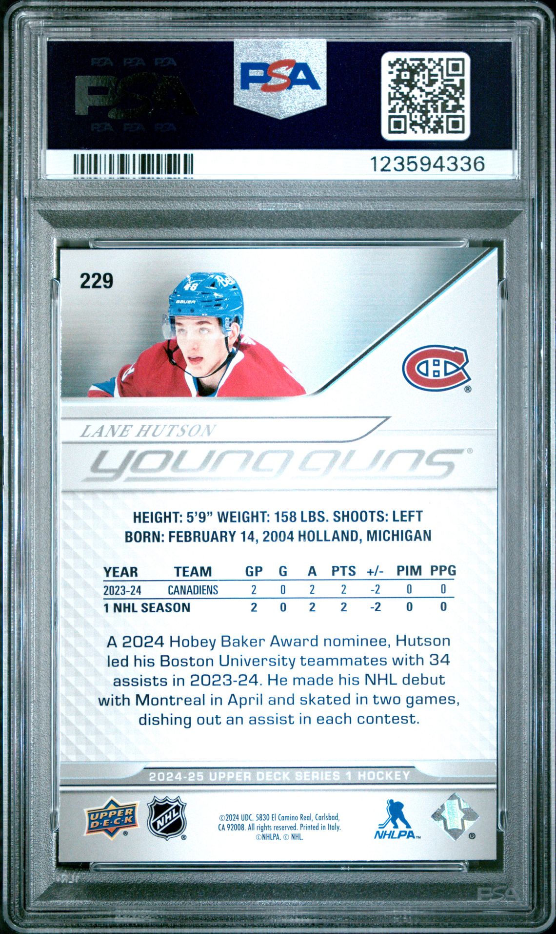 2024 Upper Deck Lane Hutson #229 Mint 9 back
