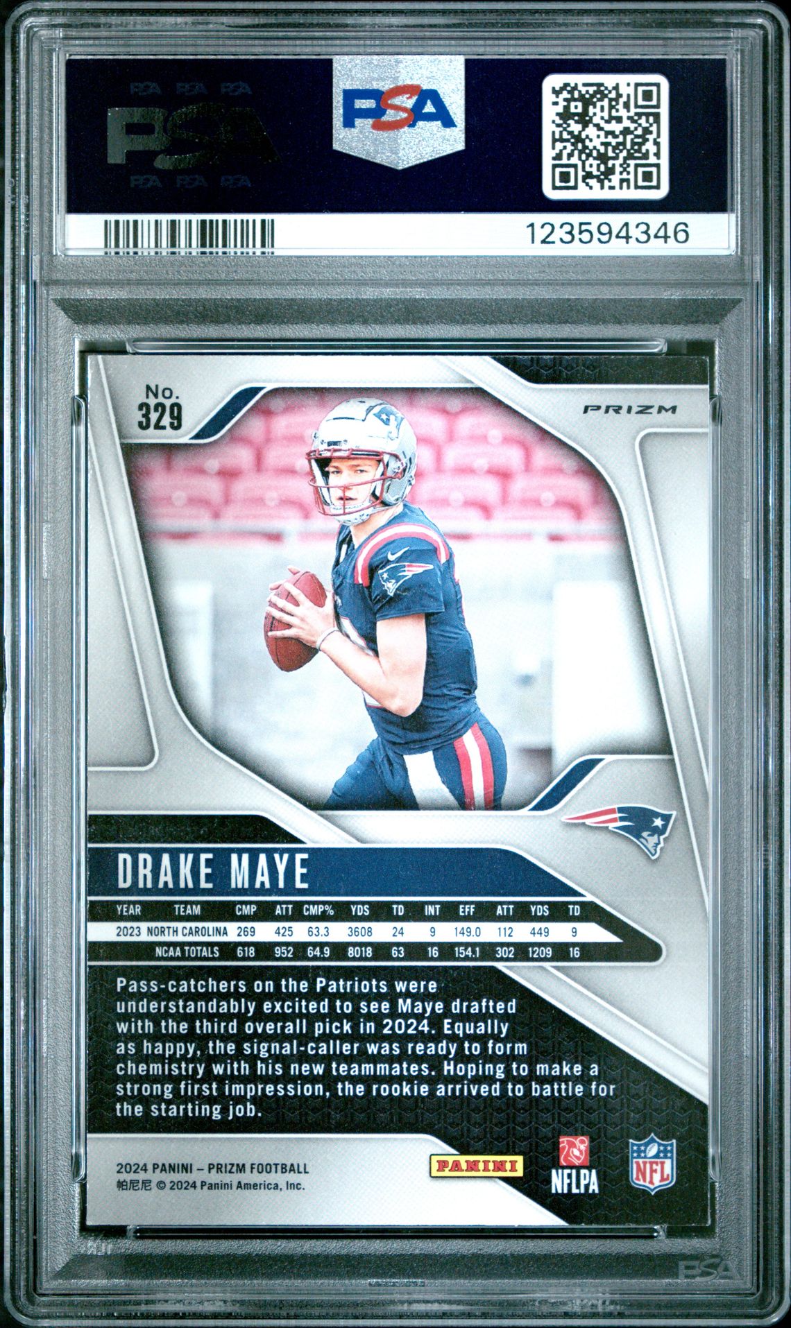 2024 Panini Prizm Drake Maye #329 (Neon Green Pulsar) Gem Mt 10 back